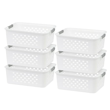 IRIS Plastic Storage Basket, Medium, Shelf Basket Organizer for Pantries, Kitchens, Cabinets, Bedrooms, White