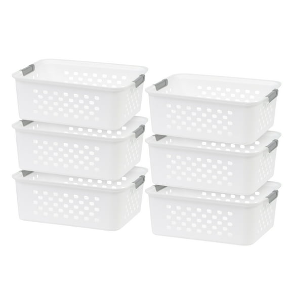 IRIS USA Plastic Storage Basket, 6-Pack, Medium, Shelf Basket Organizer for Pantries, Kitchens, Cabinets, Bedrooms, White