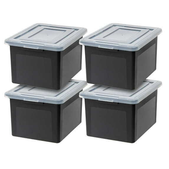 IRIS USA File Box File Organizer Plastic File Box for Letter/Legal File, BPA-Free Plastic Storage Bin Tote Organizer with Durable and Secure Latching Lid, Stackable and Nestable, Black 35 Qt. 4Pack