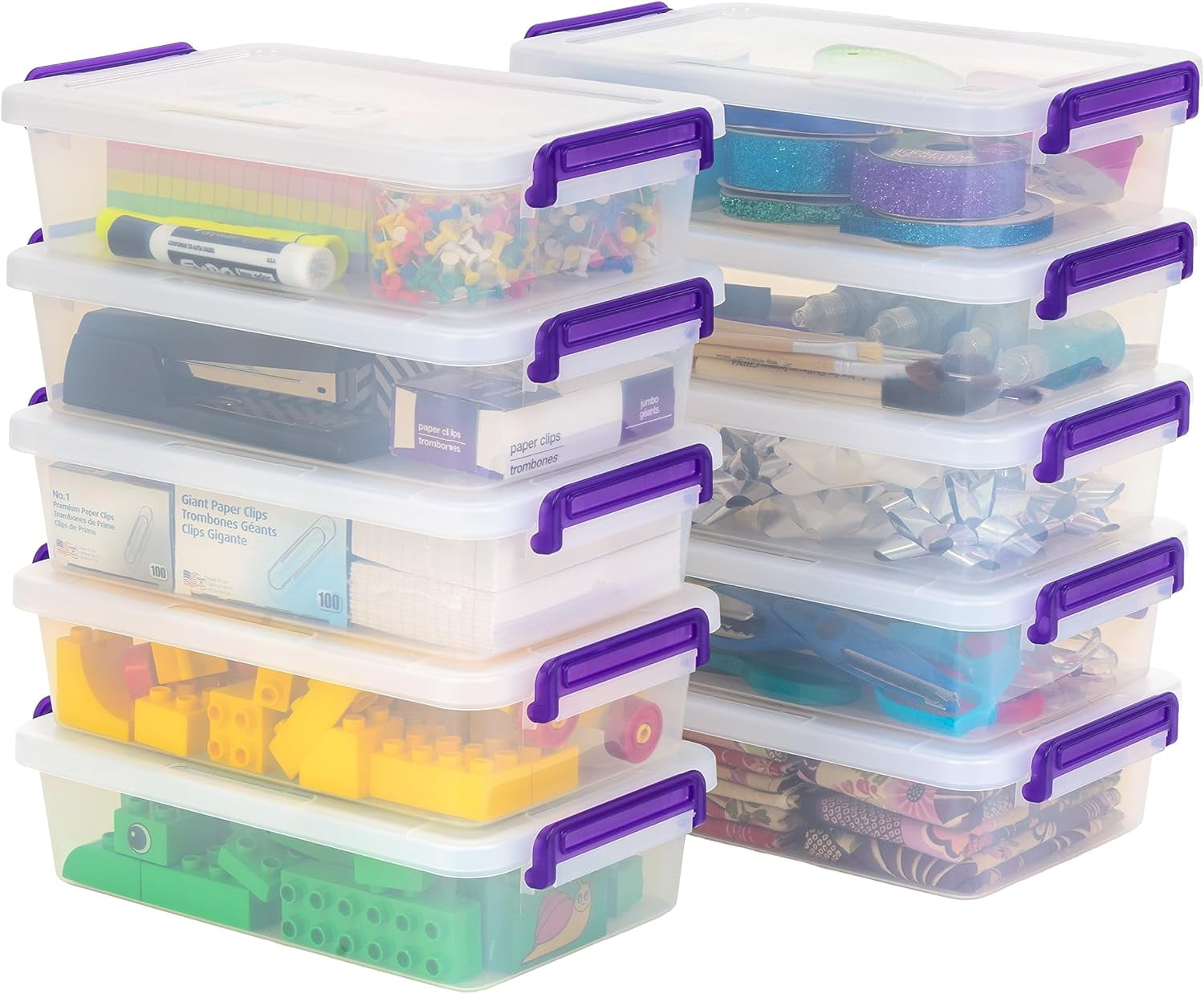 Clear Stackable Plastic Storage Bins with Purple Lids, 10 Pack