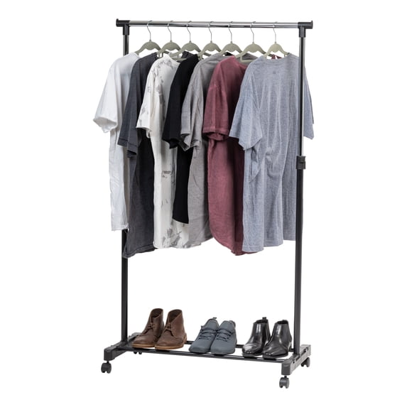 IRIS Portable Single-Rod Height Adjustable Clothes Rack with Lockable Wheels, Rolling Garment
