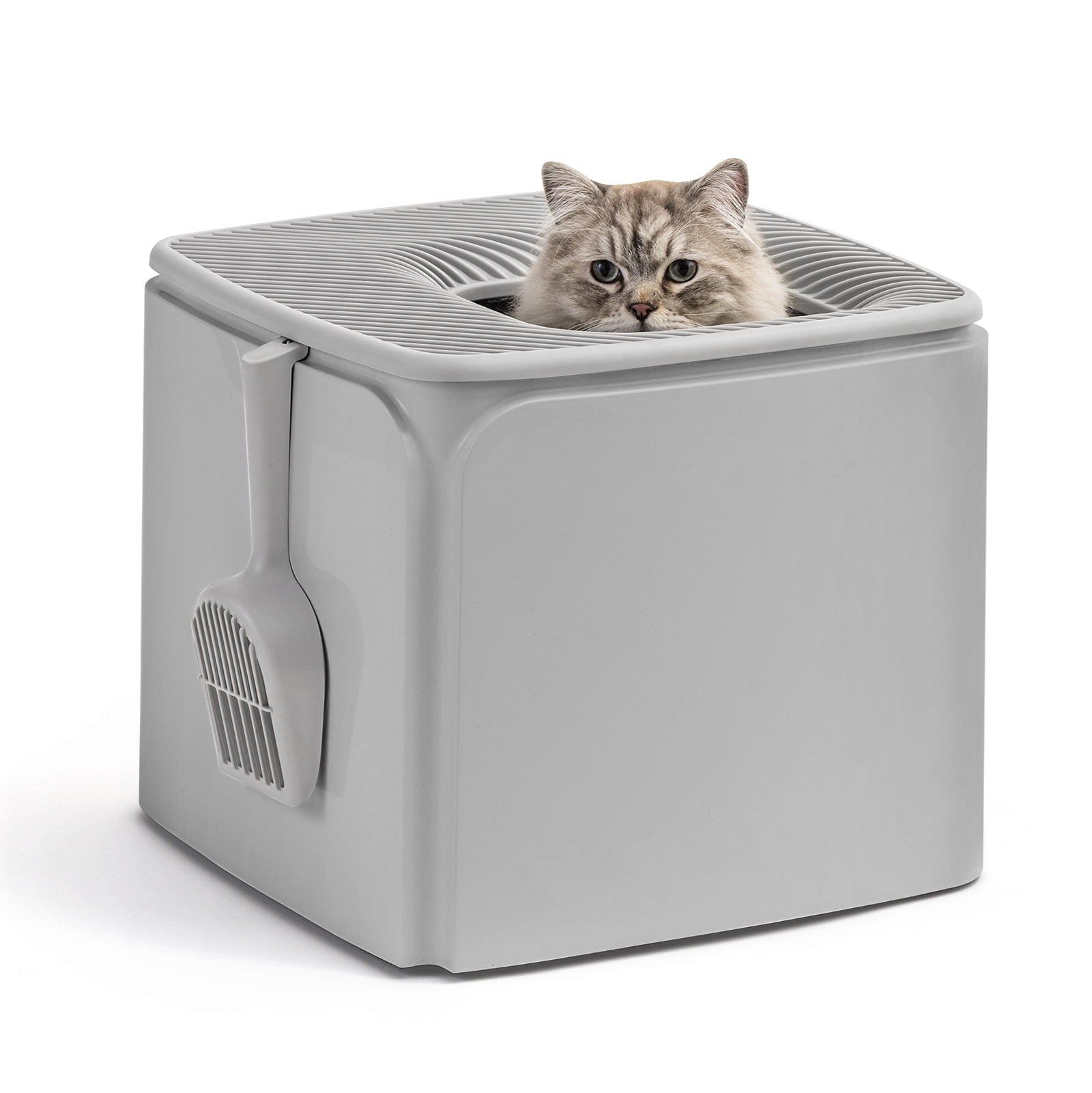 IRIS USA Premium Square Top Entry Cat Litter Box with Scoop, Kitty Litter Pan with Litter Particle Catching Cover and Privacy Walls, Gray