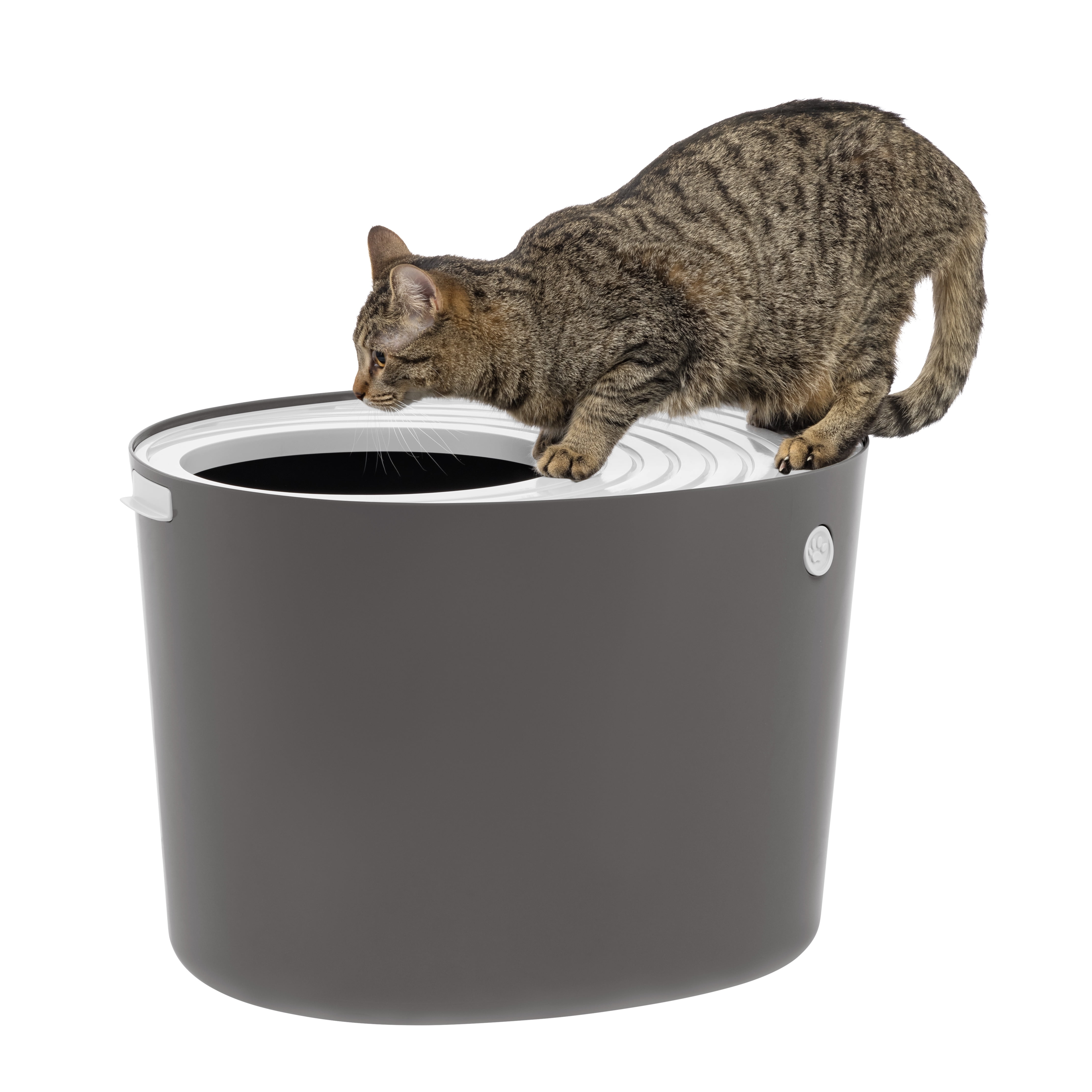 IRIS USA Top Entry Cat Litter Box with Scoop Stylish Round Enclosed Design Grey White