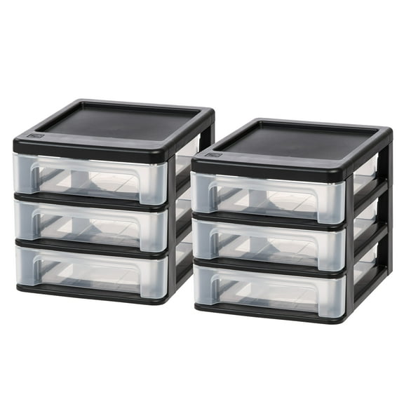 IRIS USA Small 3-Drawer Plastic Desktop Organizer, 2 Pack, Stackable Office School Stationery Makeup Bathroom Utility Medical Supplies, Black