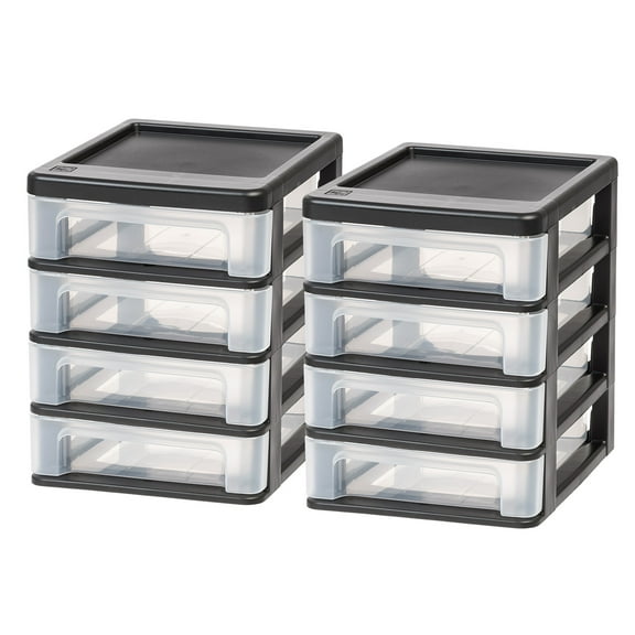 IRIS Small 4-Drawer Compact Desktop Organizer, Stacking Desktop Unit, Black-Clear, Set of 2