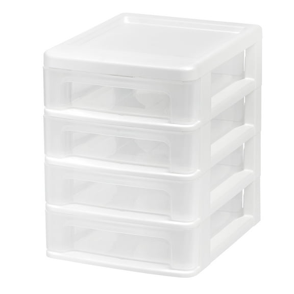 IRIS Small 4-Drawer Compact Desktop Organizer, Stacking Desktop Unit, White-Clear, Single