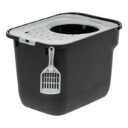 IRIS USA Square Top Entry Cat Litter Box with Litter Catching Lid, Privacy Walls and Scoop, Black