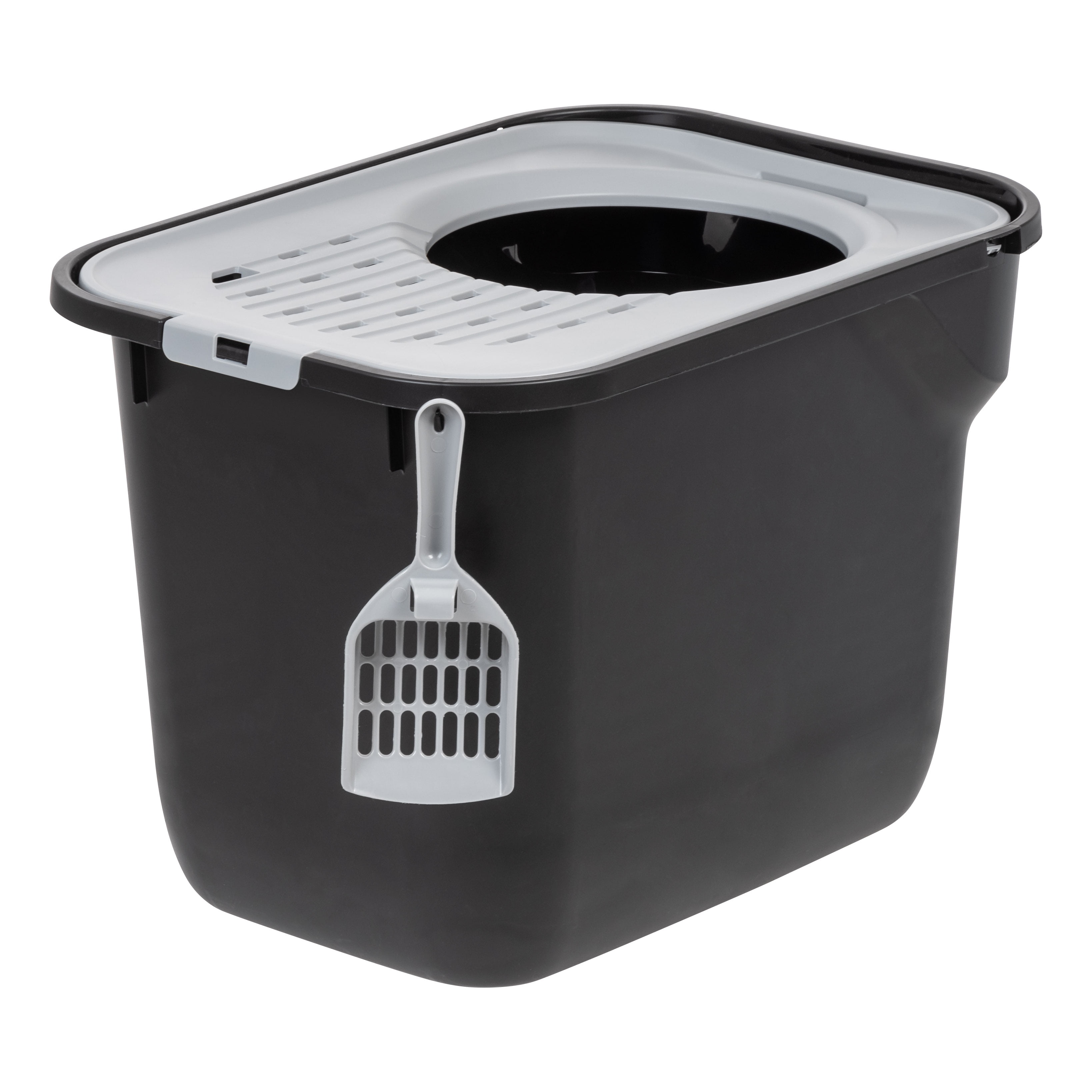 IRIS USA Square Top Entry Cat Litter Box with Scoop, Black/Gray