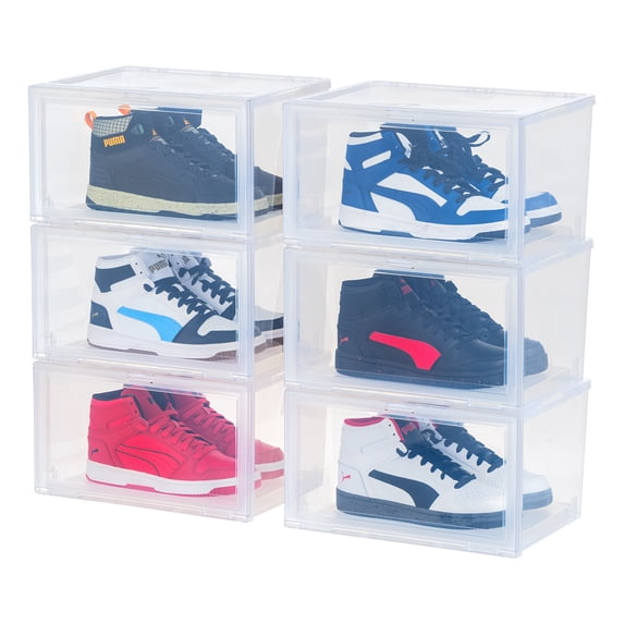 IRIS Stackable Shoe Display Box with Flip Down Door, Shoe Organizer Container with Side Display for High-Top Sneakers