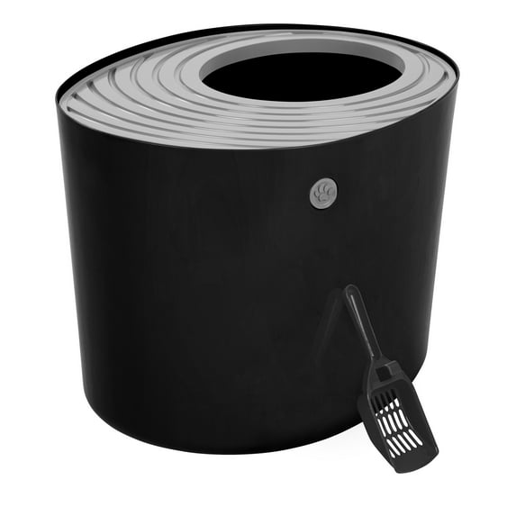 IRIS USA Round Top Entry Cat Litter Box Litter Particle Catching Cover and Privacy Walls with Scoop, Black/Light Gray