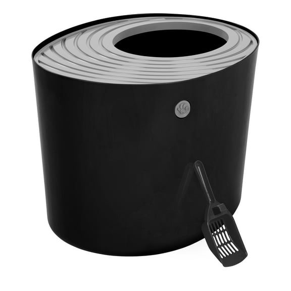 IRIS USA Round Top Entry Cat Litter Box Litter Particle Catching Cover and Privacy Walls with Scoop, Black/Light Gray
