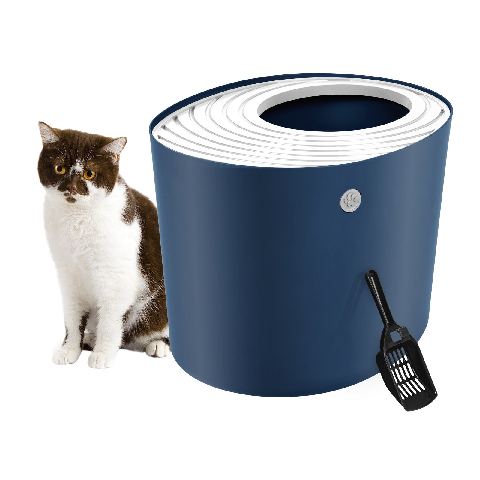 Navy and White Round Top Entry Cat Litter Box with Scoop