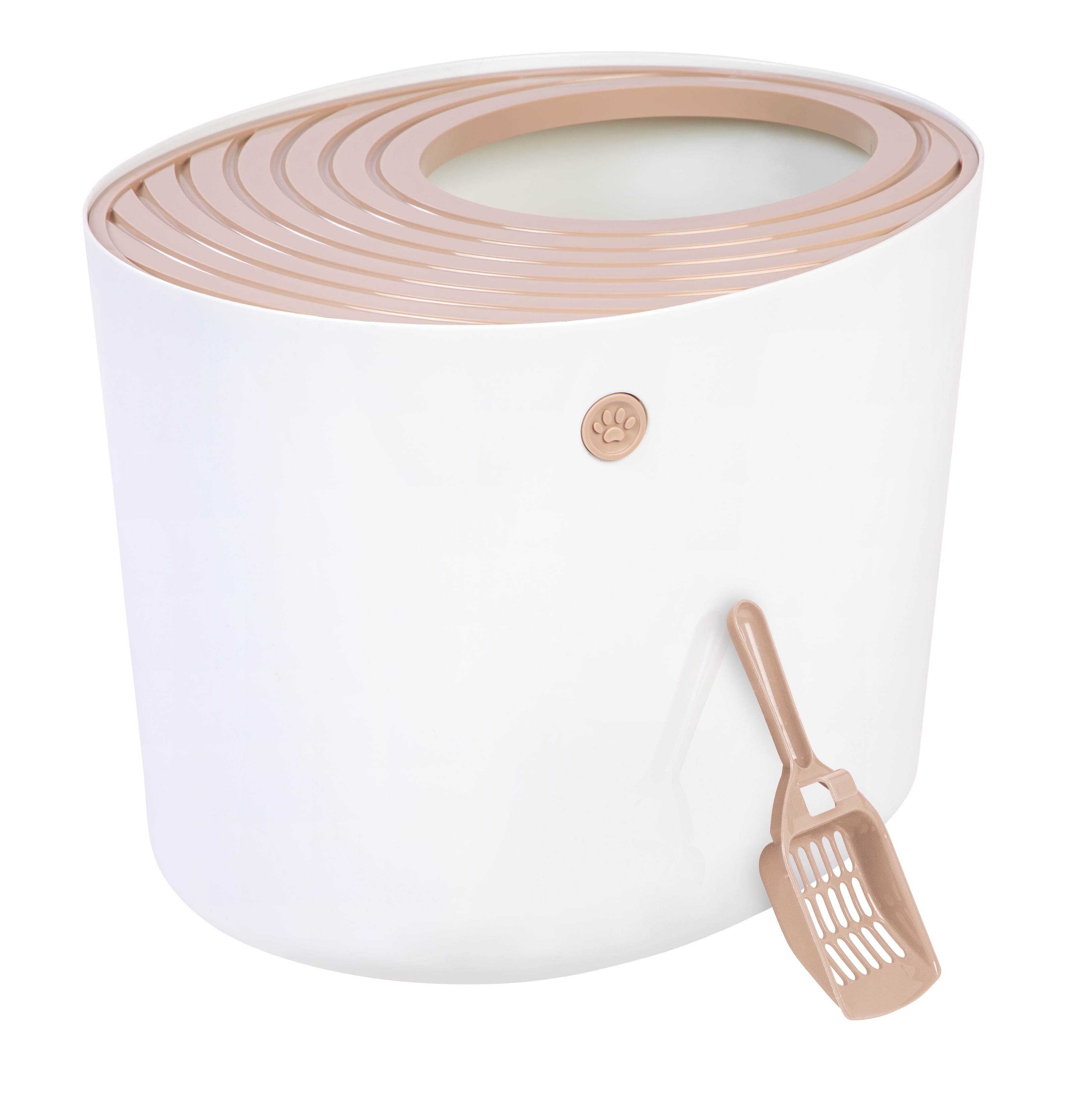 Large White and Beige Top Entry Cat Litter Box with Scoop