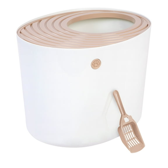 IRIS USA Large Stylish Round Top Entry Cat Litter Box with Scoop, Curved Kitty Litter Pan with Litter Particle Catching Grooved Cover and Privacy Walls, White/Beige