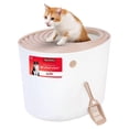 thumbnail image 1 of IRIS USA Large Stylish Round Top Entry Cat Litter Box with Scoop, Curved Kitty Litter Pan with Litter Particle Catching Grooved Cover and Privacy Walls, White/Beige, 1 of 9