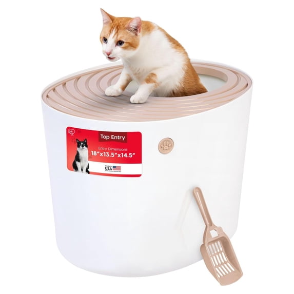 IRIS USA Large Stylish Round Top Entry Cat Litter Box with Scoop, Curved Kitty Litter Pan with Litter Particle Catching Grooved Cover and Privacy Walls, White/Beige