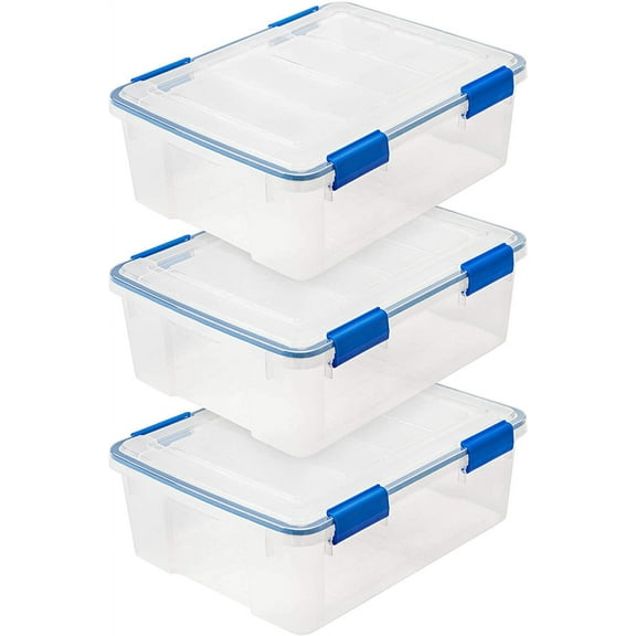 IRIS USA WeatherPro 16 Qt Storage Bins with Lids, 3 Pack, BPA-Free Plastic Gasket Box with Tight Latch and Seal, Stackable Nestable Tote Tub - Clear/Blue