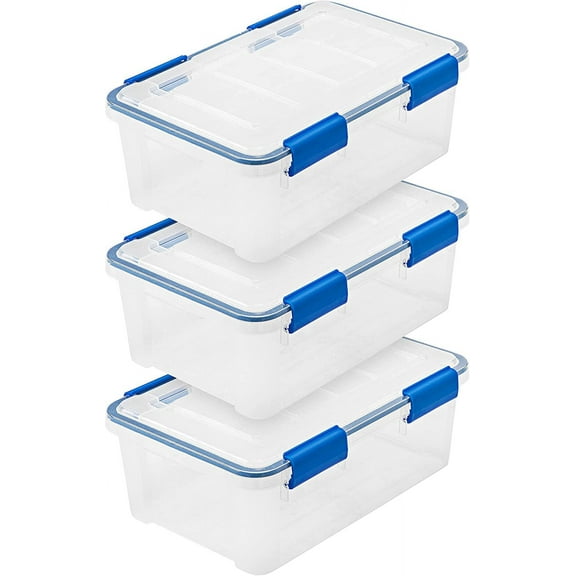 IRIS USA WeatherPro 16 Qt Storage Bins with Lids, 3 Pack, BPA-Free Plastic Gasket Box Tight Latch and Seal, Stackable Nestable Tote Tub - Clear/Blue