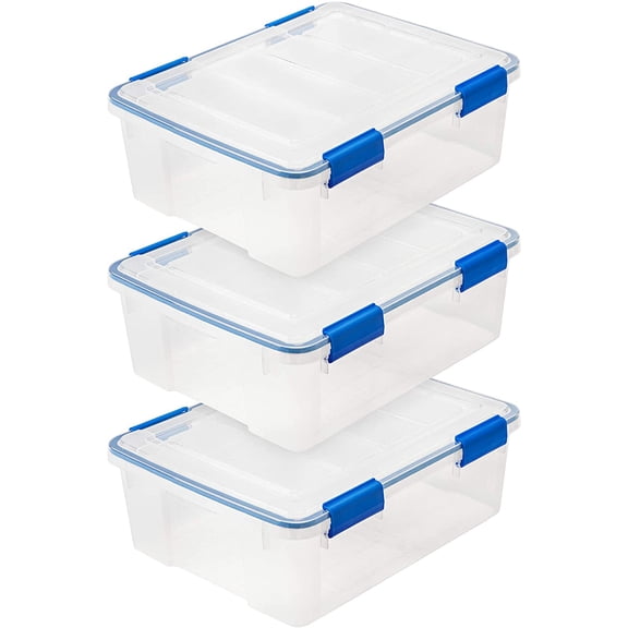 IRIS USA WeatherPro 27 & 44 Qt Storage Bins with Lids, 4 Pack, BPA-Free Plastic Gasket Box with Tight Latch and Seal, Stackable Nestable Tote Tub - Clear/Blue