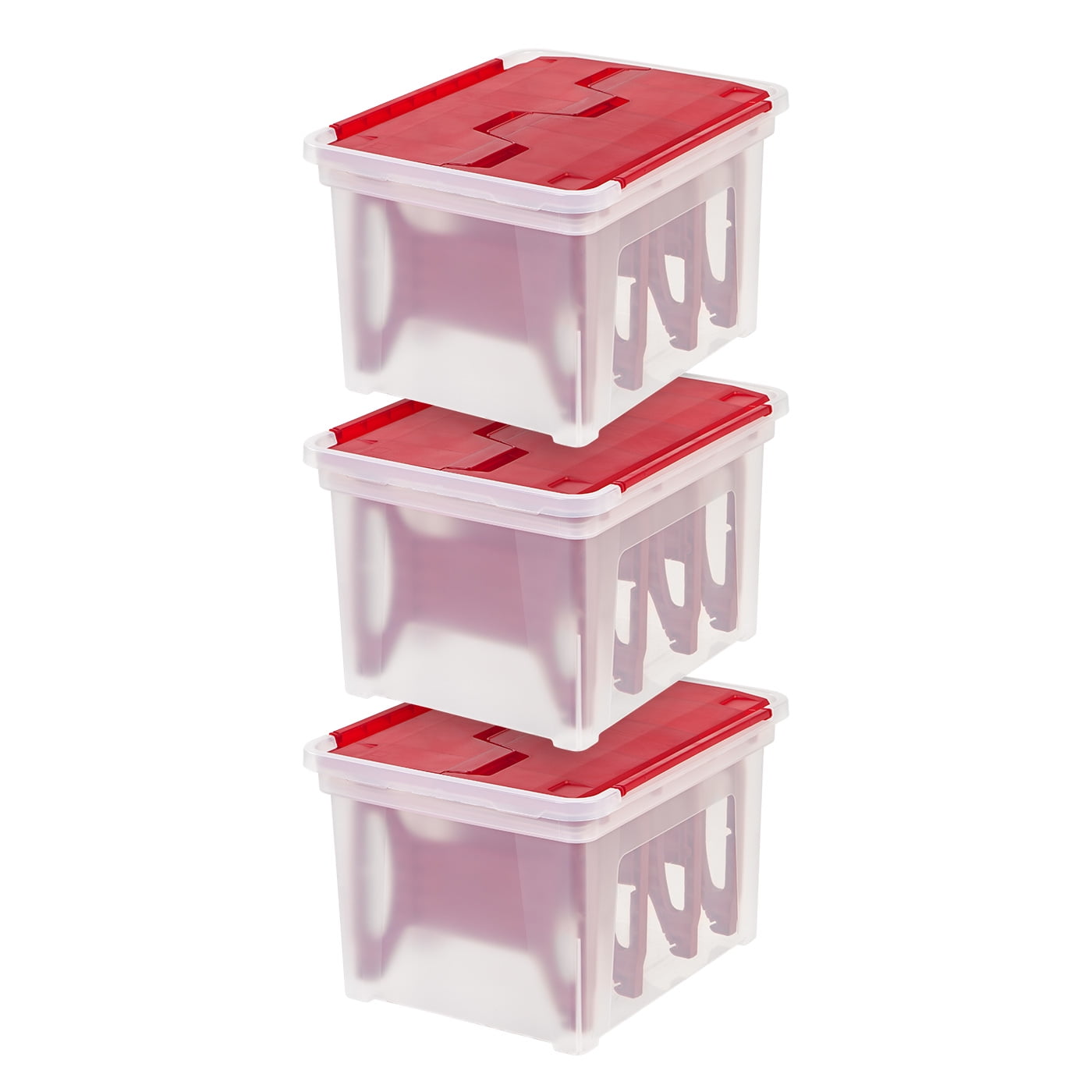 IRIS USA 26.7qt Ornament Holiday Storage Bin with 4-Compartment Container  and Handle, Clear/Red