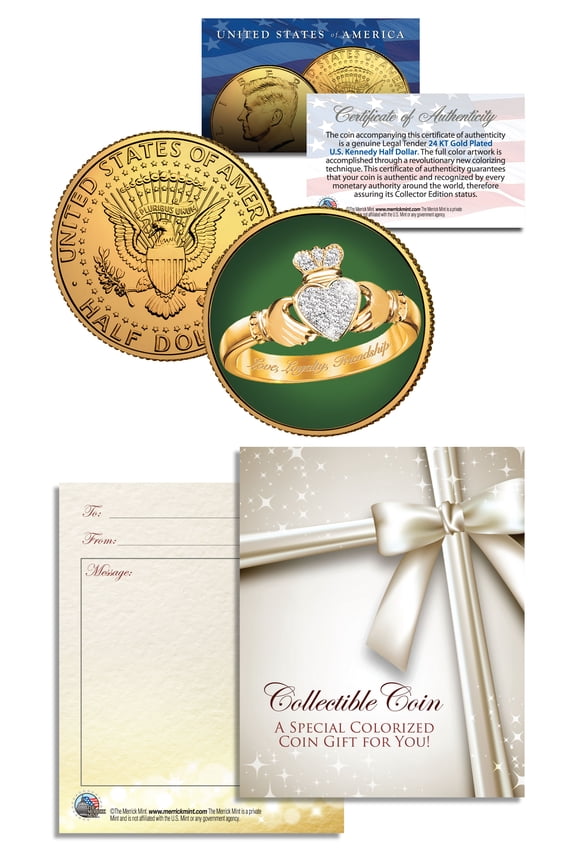 IRISH CLADDAGH RING 24K Gold Plated JFK Kennedy Half Dollar U.S. Colorized Coin