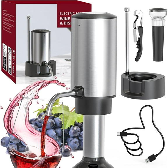 IRLE JOY Eletri Wine Aerator ourer Rehargeable One-touh Wine Deanter with Storage Base, orksrew and Vauum Wine Stoer, White Elehant Gifts for Wine Lovers, Silver