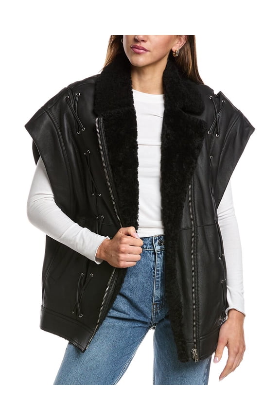 womens  Fjord Leather & Shearling Jacket, 36, Black
