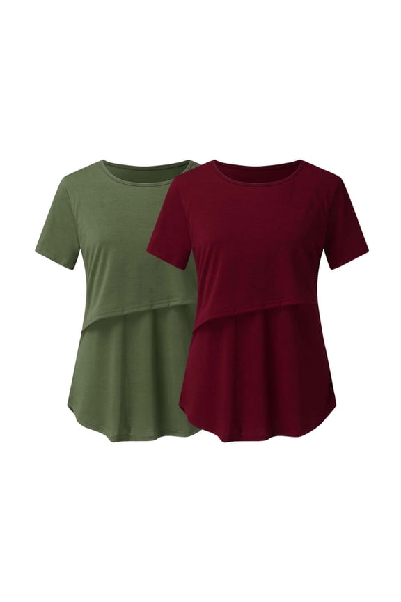 2-pack Maternity Clothes Bump Friendly T-shirt, Plus Size Short Sleeve and Round Neck Summer Breastfeeding Soild Color Nursing Blouse