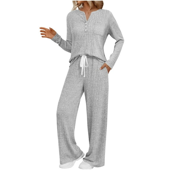 IROINNID 2PC Pajamas Set for Women Crewneck Long Sleeve Pullover with Casual Capri Homewear Comfortable Sleepwear Set(Z01#Gray,M)