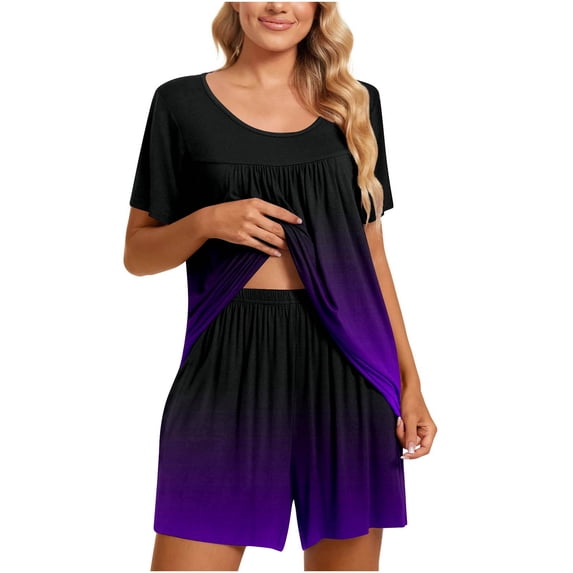 IROINNID 2PC Pajamas Set for Women Loose Short Sleeve Shirts with Comfy Shorts Gradient Sleepwear Pajamas Sets,Purple