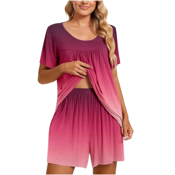 IROINNID 2PC Pajamas Set for Women Loose Short Sleeve Shirts with Comfy Shorts Gradient Sleepwear Pajamas Sets,Watermelon Red