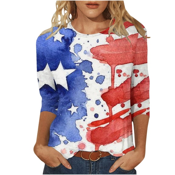 IROINNID 4th of July T-Shirt For Women Fashion Mid-length Blouse Casual Tops Round Neck Women Tops USA 4th Of July