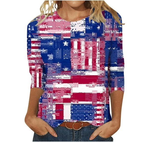 IROINNID 4th of July T-Shirt For Women Fashion Retro Loose Tops Blouse Round Neck Women Tops Independence Day