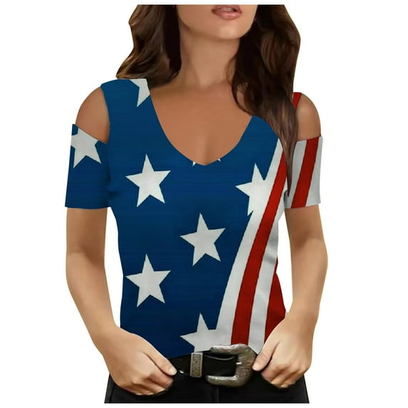 IROINNID 4th of July T-Shirt For Women Fashion Summer Casual Strapless Blouse Top V-Neck Women Tops Independence Day