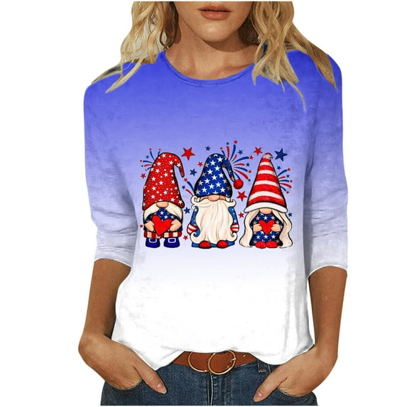 IROINNID 4th of July Tops for Women Round Neck T-Shirt Fashion Casual Stitching Contrast Color Blouse 3/4 Sleeve Tops July 4th