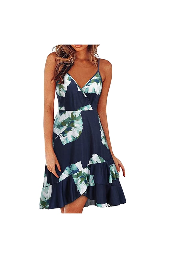 A-Line Dress For Women Casual Print Sleeveless Sling Dress V-Neck Knee-Length Dress
