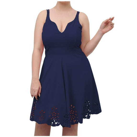 IROINNID A-Line Dress For Women Deep V-Open Back Suspender Burnt Flower Hollowed Out Dress Below The Knee Solid Color Dress