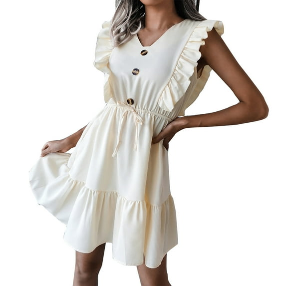 IROINNID A-Line Dress For Women Fashion Casual Single-breasted Ruffled Waist Dress V-Neck Short Dress