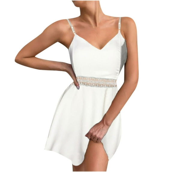 IROINNID A-Line Dress For Women Fashion Gorgeous Elegant Party Sling Lace Stitching Dress V-Neck Short Dress