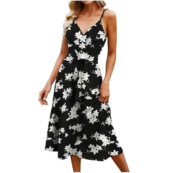IROINNID A-Line Dress For Women Fashion Gorgeous Sleeveless Hollow Out Printed Print Mini Dresses V-Neck Below The Knee Dress