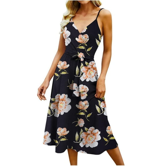 IROINNID A-Line Dress For Women Fashion Gorgeous Sleeveless Hollow Out Printed Print Mini Dresses V-Neck Below The Knee Dress