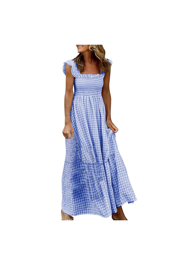 A-Line Dress For Women Fashion Summer Casual Square Collar Camis Sleeveless Vest Long Dress Full-Length Prints Dress