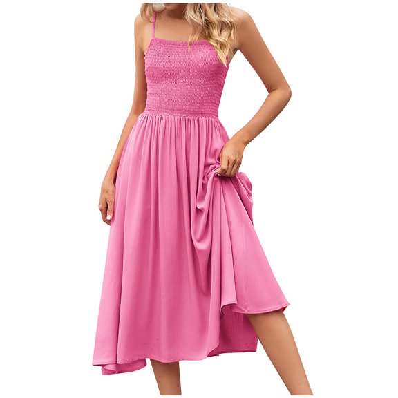 IROINNID A-Line Dress For Women Fashion Summer Casual V-Neck Camis Sleeveless Vest Long Dress Knee-Length Solid Color Dress