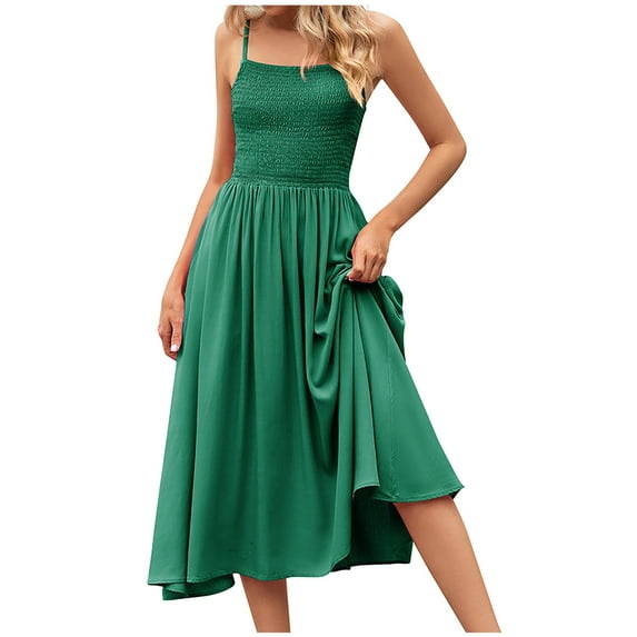IROINNID A-Line Dress For Women Fashion Summer Casual V-Neck Camis Sleeveless Vest Long Dress Knee-Length Solid Color Dress