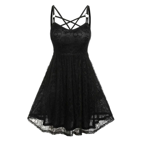 IROINNID A-Line Dress For Women Plus Size Halloween Lace Mesh Patchwork Sleeveless Camisole Zipper Mini Dress Knee-Length Solid Color Dress