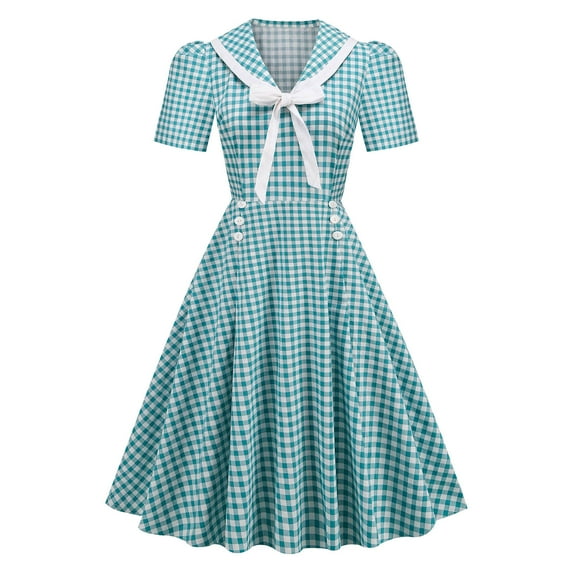 IROINNID A-Line Dress For Women Short Sleeve Round Neckline Summer Retro Casual Pullover Sexy Long Dress Strapless Plaid Dress