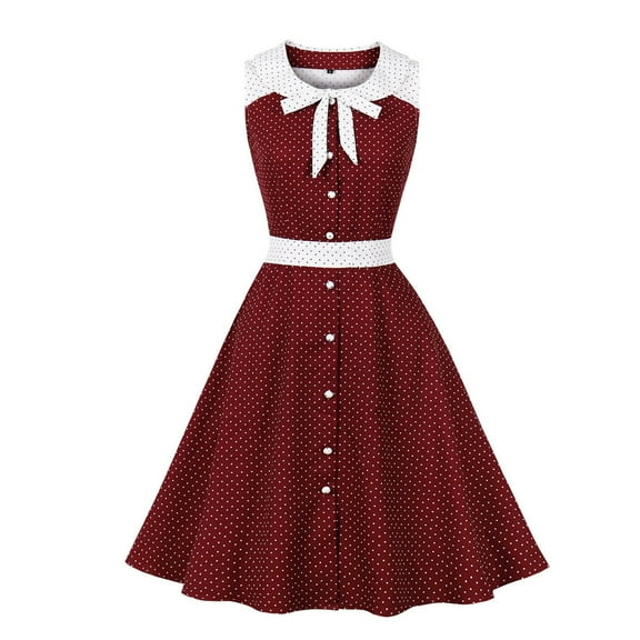 IROINNID A-Line Dress For Women Strapless Sleeveless Temperament Polka Dots Retro High Waist Makings Dress Round Neckline Solid Color Dress