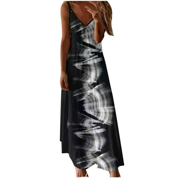 IROINNID Ankle-Length Dress For Women Printed Fashion Mid-waist Slim Beach Pocket Long Dress Sleeveless V-Neck Sundress