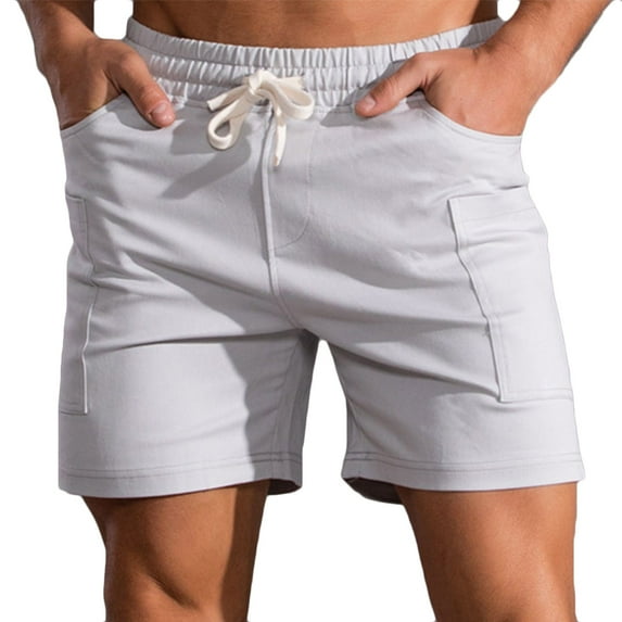 IROINNID Athletic Shorts for Men Solid Multi-pocket Cotton Sports Elastic Mid-waist Lace-up Shorts,Gray