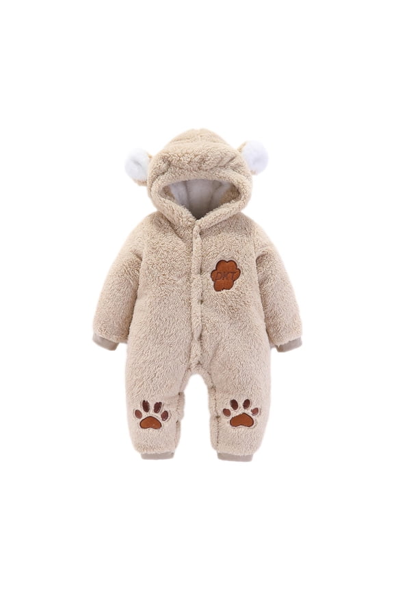 Baby Bodysuit Long Sleeve Newborn Baby Winter Girls Boys Clothes Warm Ears Bear Claw Overall Rompers Hooded Jumpsuit,Khaki